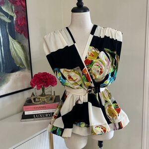 N By Nancy Women's Floral Flowy Belted Peplum Blouse Multicolor Small